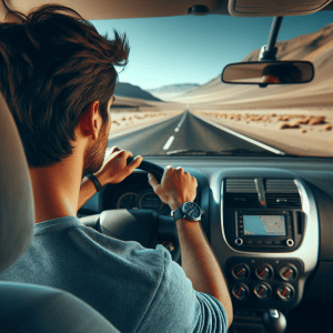 chofer chileno conduciendo por una carretera desde atras
