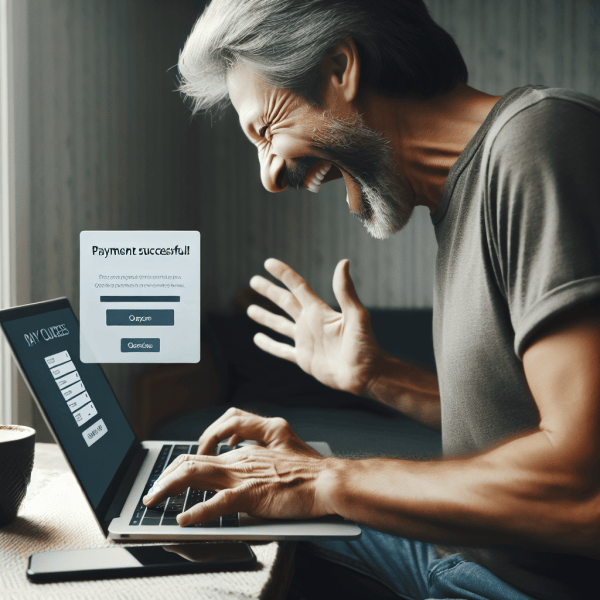 hombre pagando feliz online de espalda